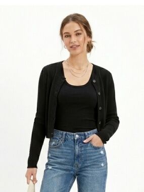 American Eagle Cropped Cardigan Sz S Black Dark Academia Preppy Grunge Boho Y2K